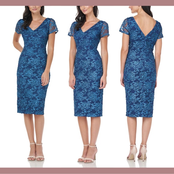 NWT $148 JS Collections‎ [ 4 ] Soutache Embroidered V-Neck Dress in Blue - Picture 1 of 13